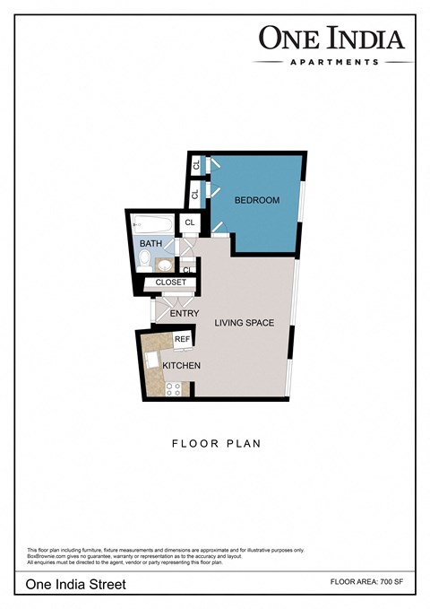 Floor plan for 1 bed, 1 bath, 600 sqft